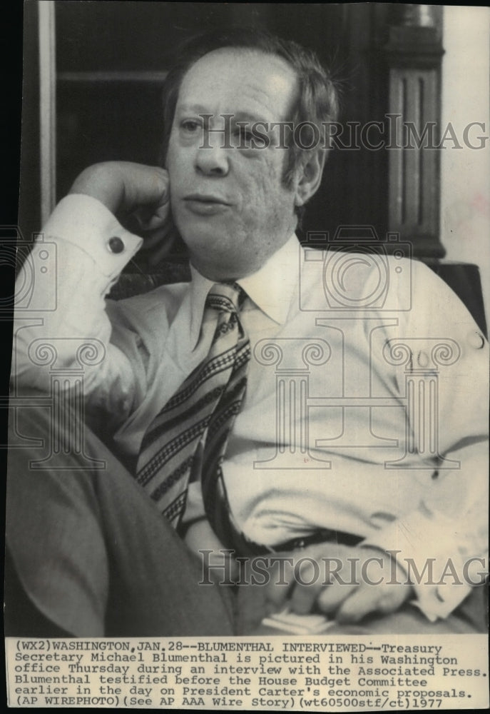 1977 Wire Photo Treasury Secretary Michael Blumenthal in his Washington office - Historic Images