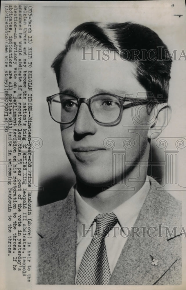 1950 Wire Photo 19 year old Prince Baudouin, heir to Belgian throne - spw01218-Historic Images