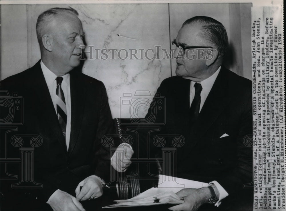 1962 Press Photo Adm Arleigh Burke chief naval operations &amp; Sen John Stennis- Historic Images