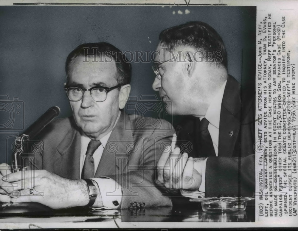 1956 Wire Photo John M Neff oil company lawyer and his attorney Ivan D Evans - Historic Images