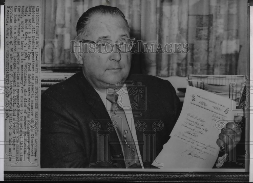 1964 Wire Photo Bill DeWitt, president and general manager of Cincinnati Reds - Historic Images