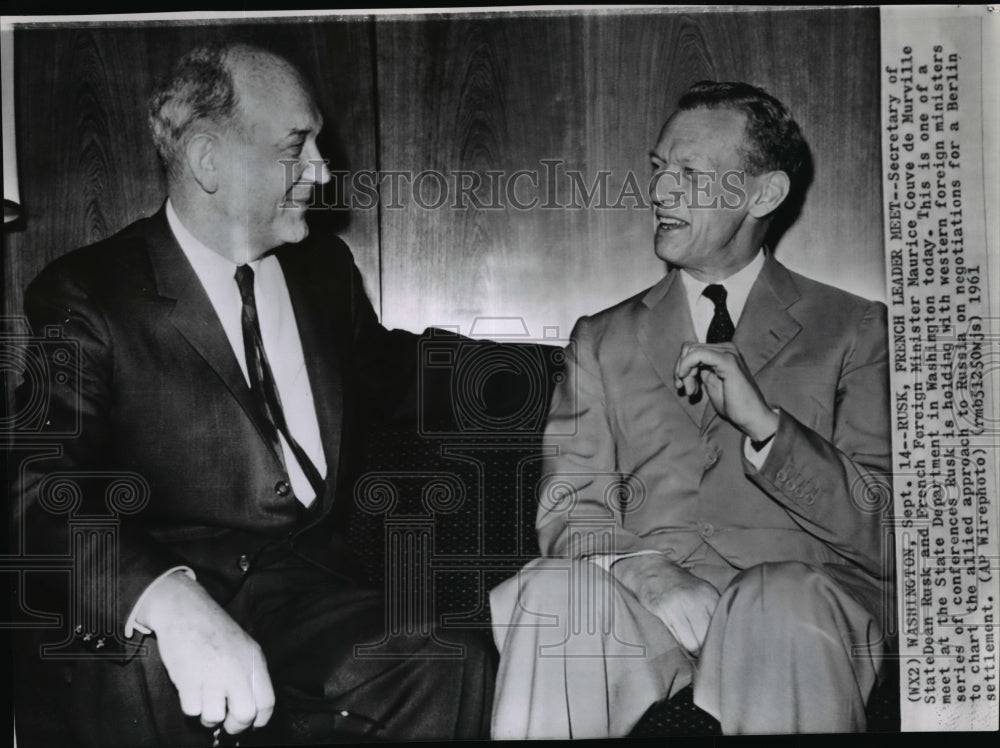 1961 Wire Photo Dean Rusk &amp; Maurice Couve de Murville, conference in Washington - Historic Images