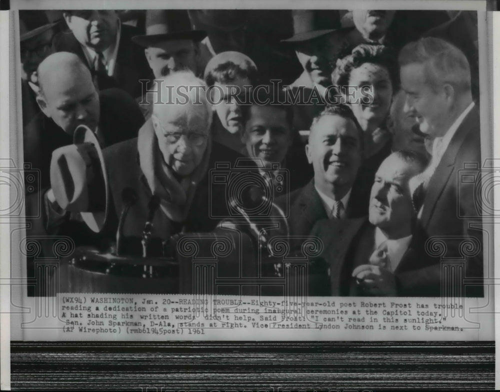 1961 Wire Photo Robert Frost reads poem at inaugural ceremony in Washington. - Historic Images