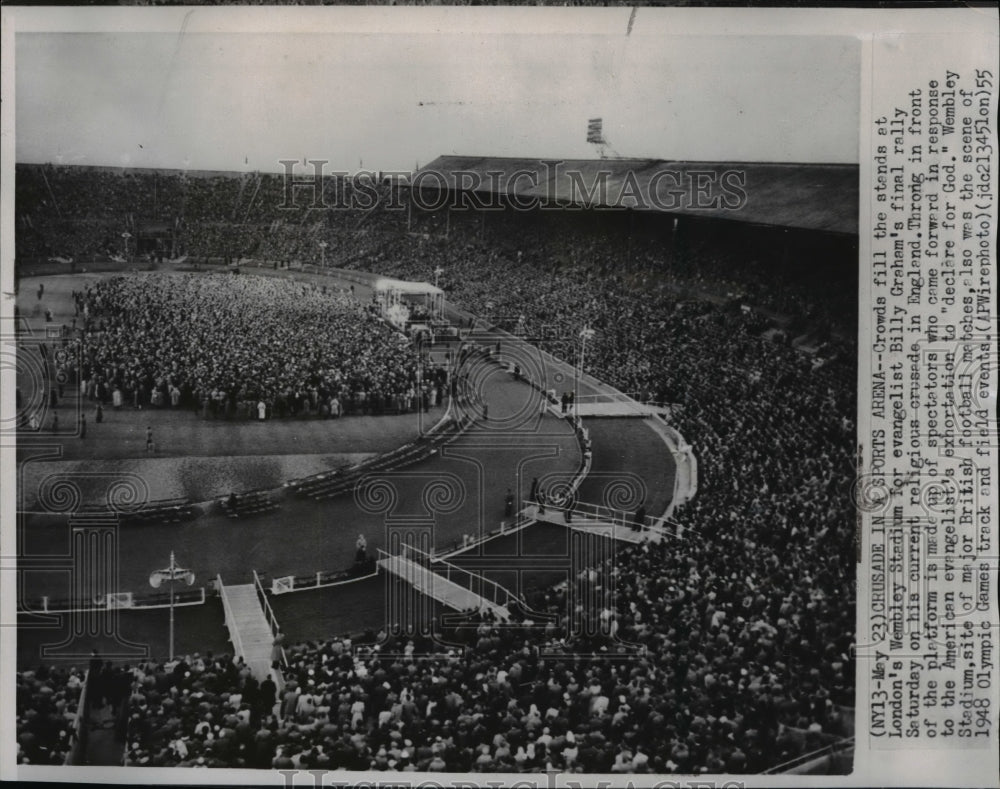 1955 Wire Photo Crowd at London&#39;s Wembley Stadium during religious crusade - Historic Images