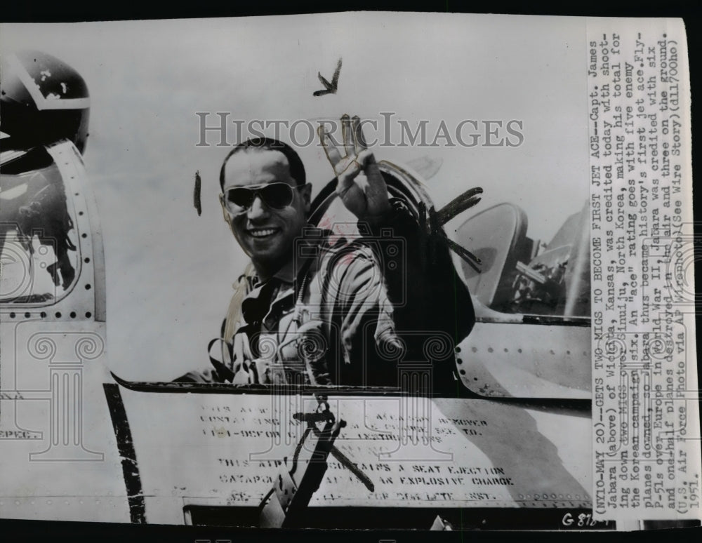 1951 Press Photo Capt. James Jabara waving from his jet - Historic Images