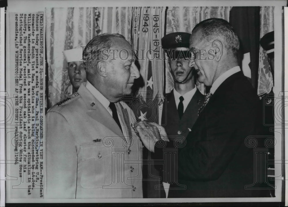 1964 Wire Photo Gen. Paul D. Harkins receiving his medal from Pres. Johnson-Historic Images