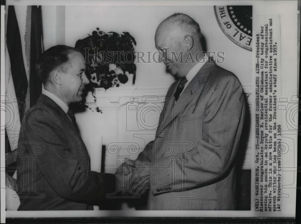 1958 Wire Photo President Eisenhower congratulating Bryce N. Harlow  - Historic Images