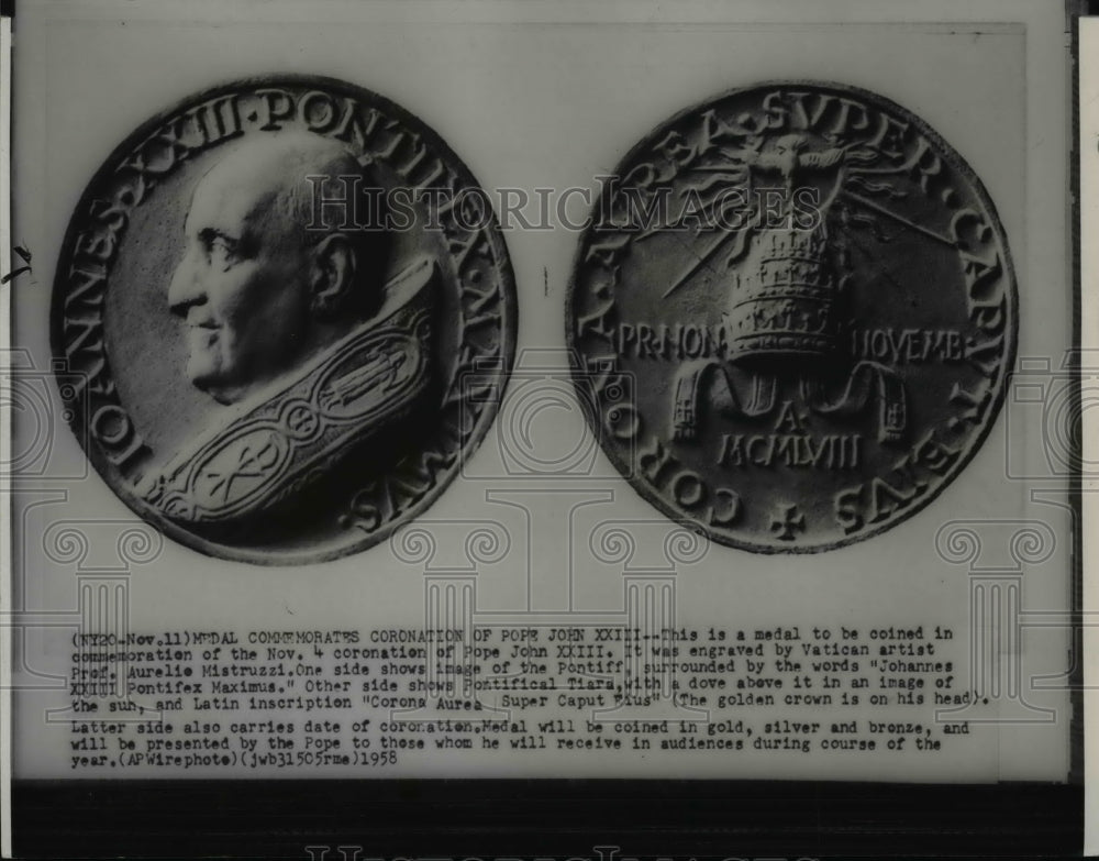 1958 Wire Photo Medal commemorating the coronation of Pope John XXIII - Historic Images