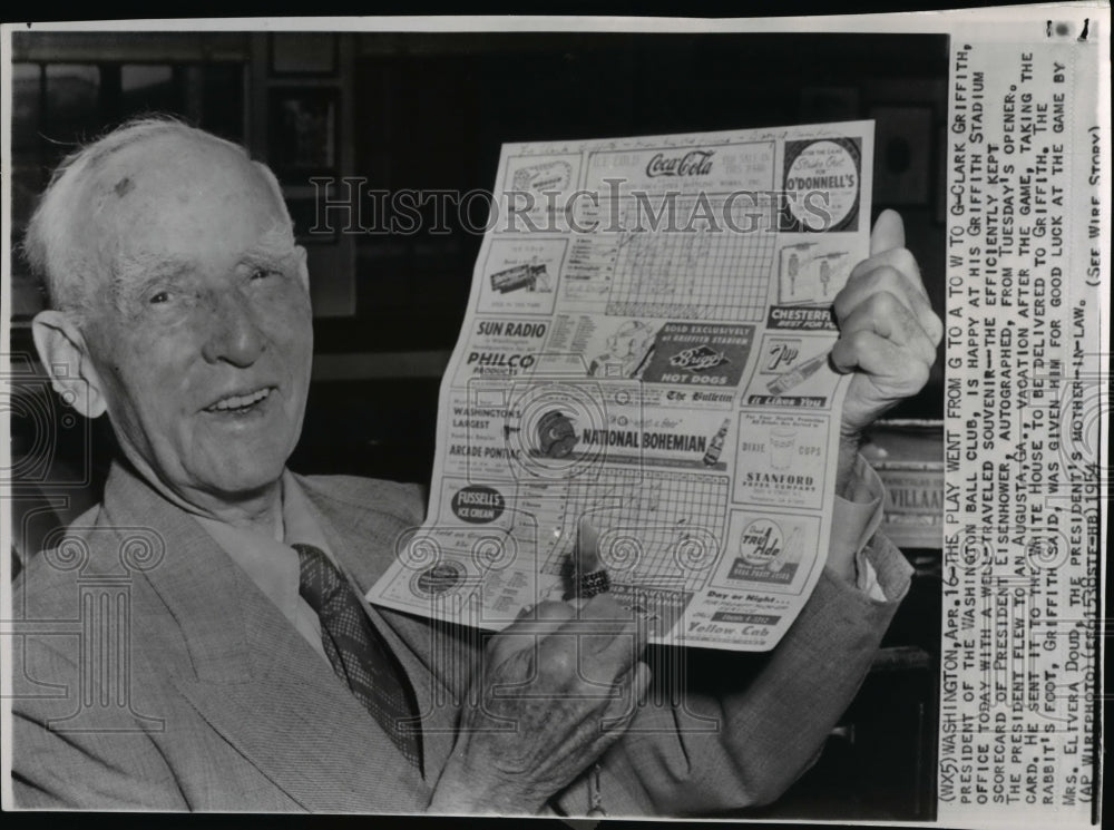 1955 Wire Photo Clark Griffith, President of the Washington Ball Club - Historic Images