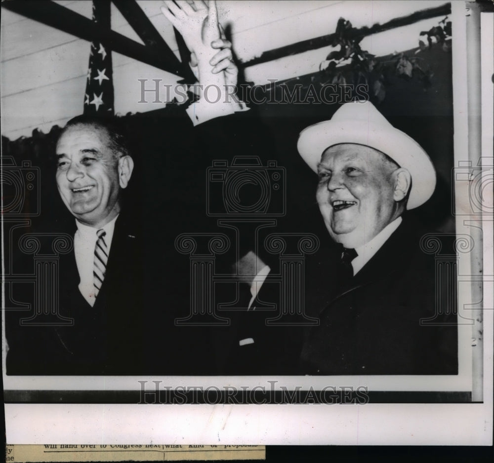 1963 Wire Photo Pres. Johnson raising Ludwig Erhard&#39;s hand  - Historic Images