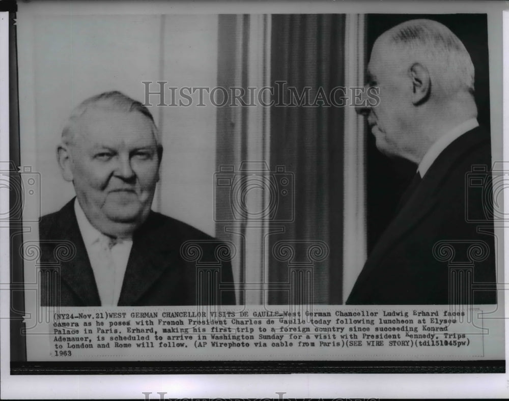 1963 Wire Photo Ludwig Erhard with French Pres. Charles de Gaulle in Paris - Historic Images