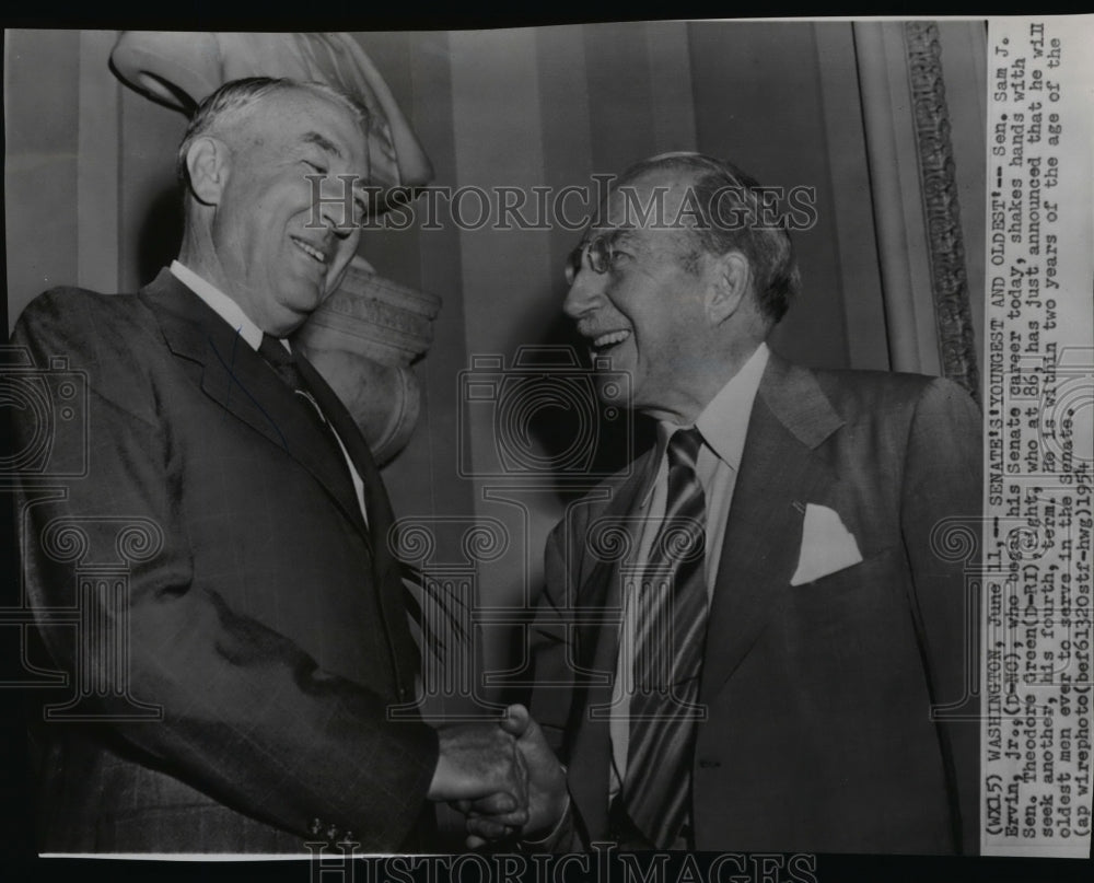 1954 Wire Photo Sen. Sam J. Ervin, Jr. shaking hands with Sen. Theodore Green - Historic Images