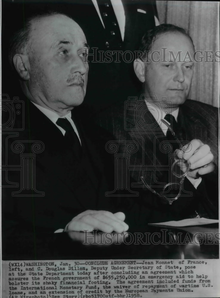 1958 Wire Photo Jean Monnet and C. Douglas Dillon at the State Department - Historic Images