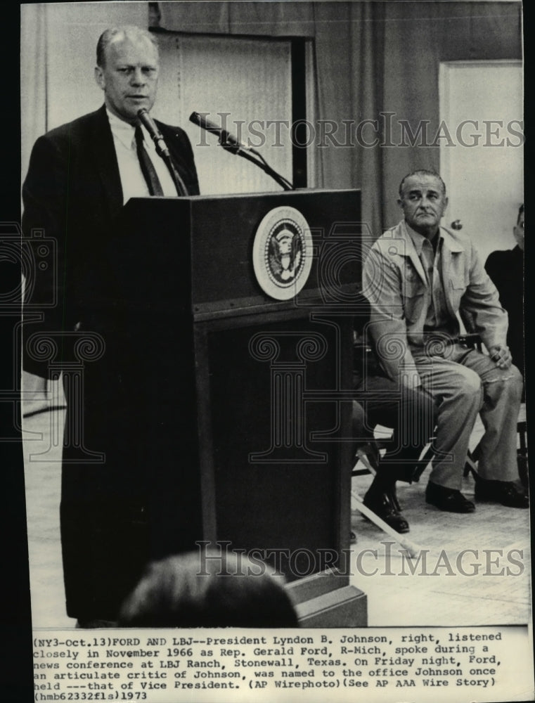 1973 Wire Photo President Lyndon B. Johnson listening to Rep. Gerald Ford - Historic Images