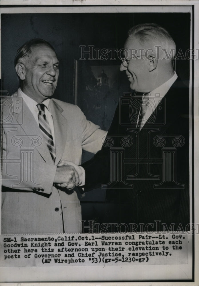 1953 Press Photo Lt. Gov. Goodwin Knight with Gov. Earl Warren - spw03558- Historic Images