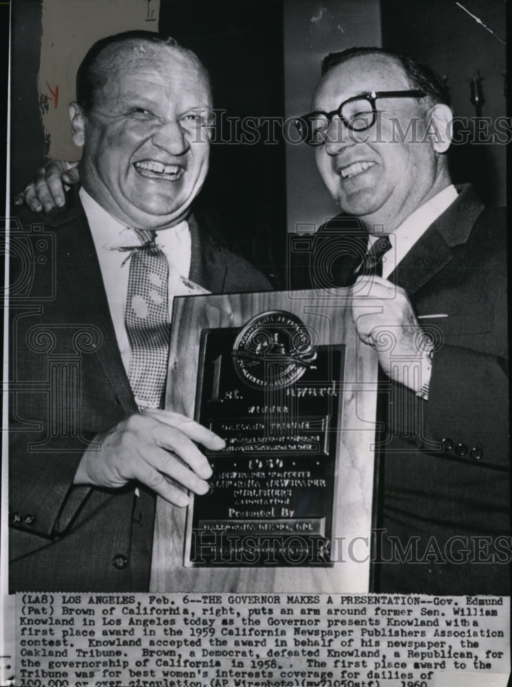 1960 Press Photo Gov. Edmund Brown with former Senator William Knowland- Historic Images