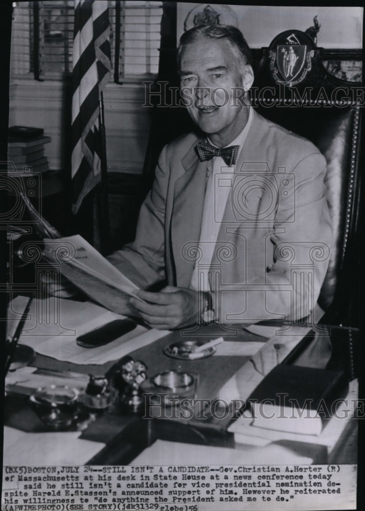 1956 Press Photo Governor Christian A. Herter at the State House - Historic Images