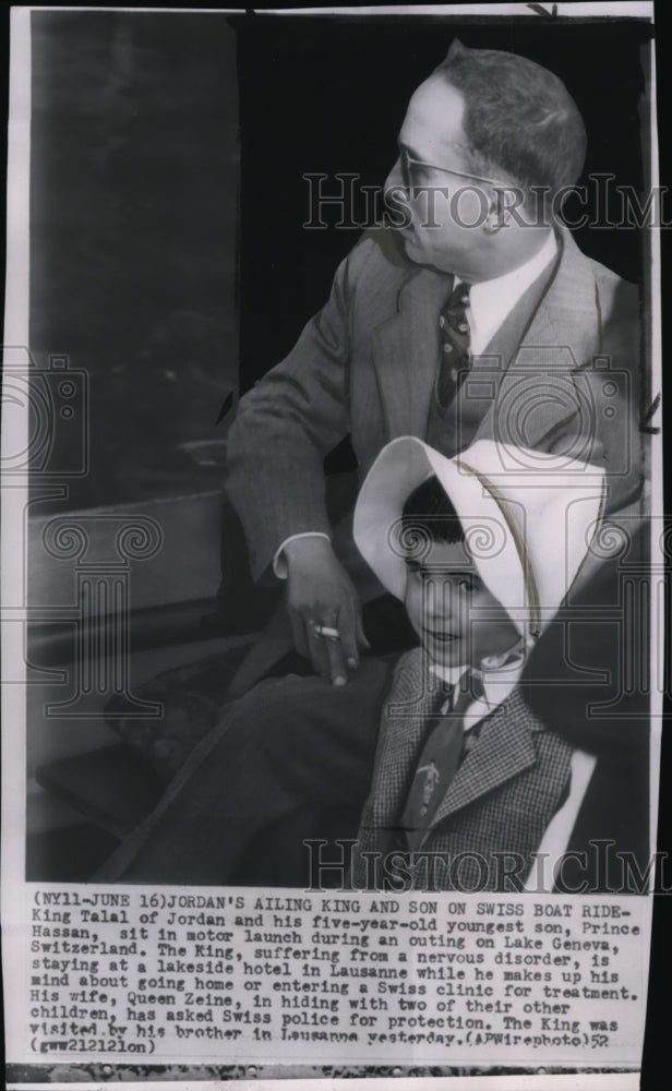 1952 Press Photo King Talal of Jordan and his son, Prince Hassan at Lake Geneva - Historic Images