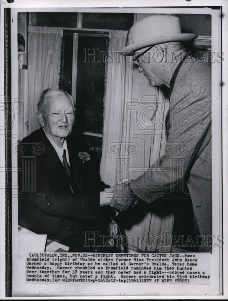 1961 Press Photo Ross Brumfield shaking hands with former Vice Pres. Garner - Historic Images
