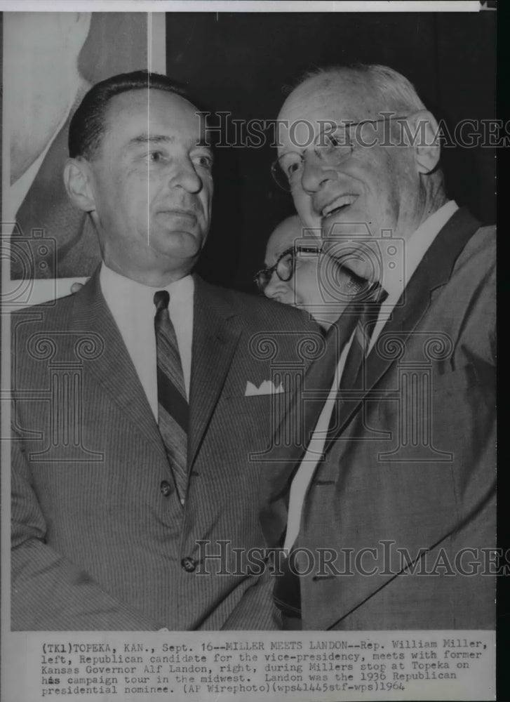 1964 Press Photo Former Gov. Alf Landon with Rep. William Miller chat in Topeka - Historic Images