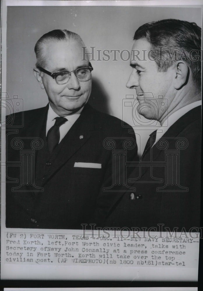 1961 Wire Photo Civic Leader Fred Korth talks with Navy Leader John Connally.-Historic Images