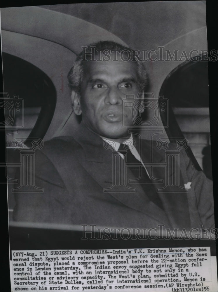 1956 Press Photo India&#39;s V.K. Krishna Menon arriving in London for conference. - Historic Images