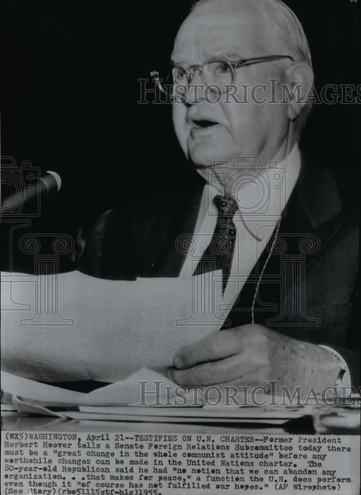 1955 Press Photo Former President Herbert Hoover speaking to the Senate - Historic Images