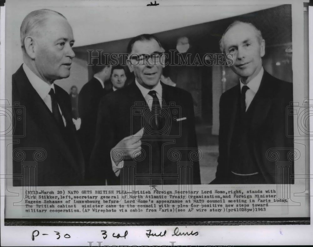 1963 Lord Home posing with Dirk Stikker and Eugene Schauss of NATO-Historic Images