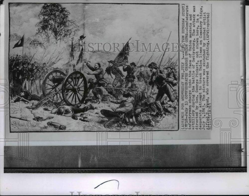 1963 Press Photo Confederate infantrymen charge into the face of Union muskets. - Historic Images