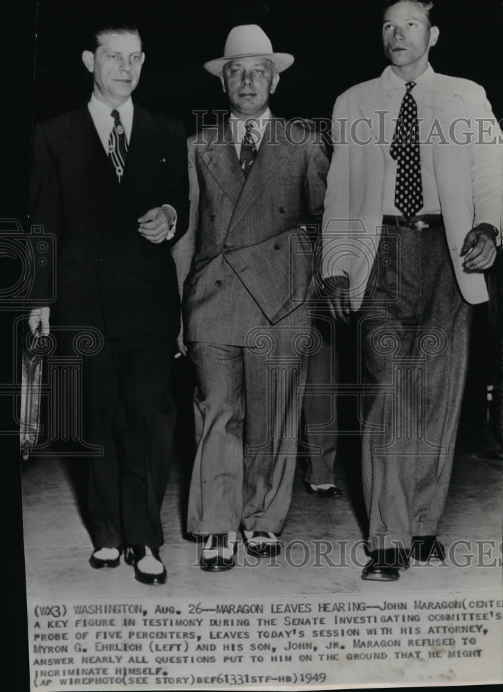 1949 Press Photo John Maragon leaves hearing with his son and attorney - Historic Images