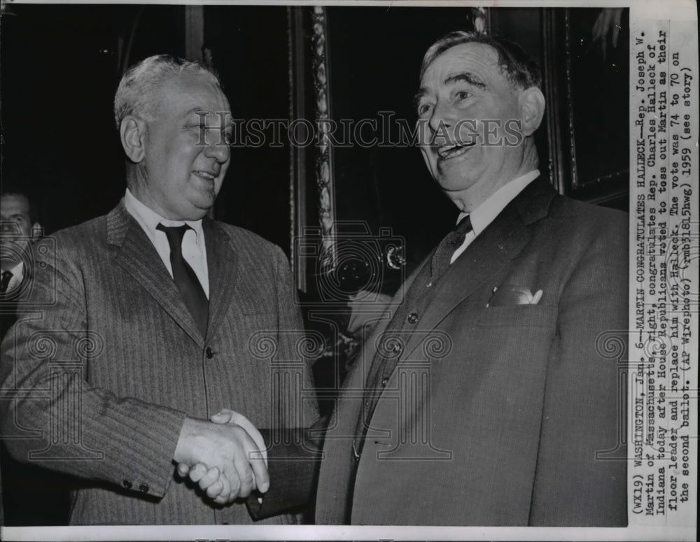 1959 Press Photo Rep. Joseph W. Martin congratulates Rep. Charles Halleck - Historic Images