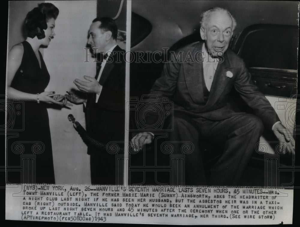 1943 Press Photo Tommy Manville and his 7th bride, former Macie Marie Ainsworth-Historic Images