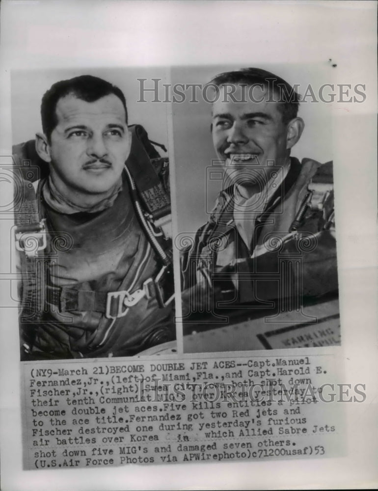 1953 Press Photo Capt. Manuel Fernandez, Jr. and Capt. Harold E. Fischer, Jr. - Historic Images