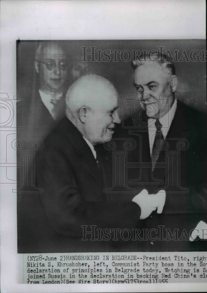 1955 Press Photo President Tito and Nikita S. Khrushchev handshaking in Belgrade-Historic Images