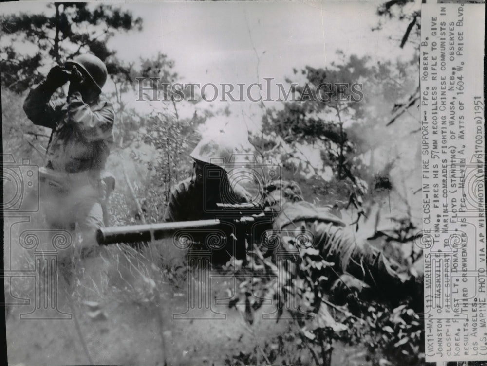 1951 Press Photo Pfc. Robert B. Johnston fires his 57mm rifle in Korea - Historic Images