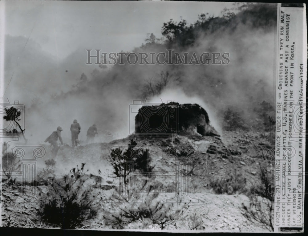 1951 Press Photo U.S. Marines advance past a Communist bunker in Korea - Historic Images