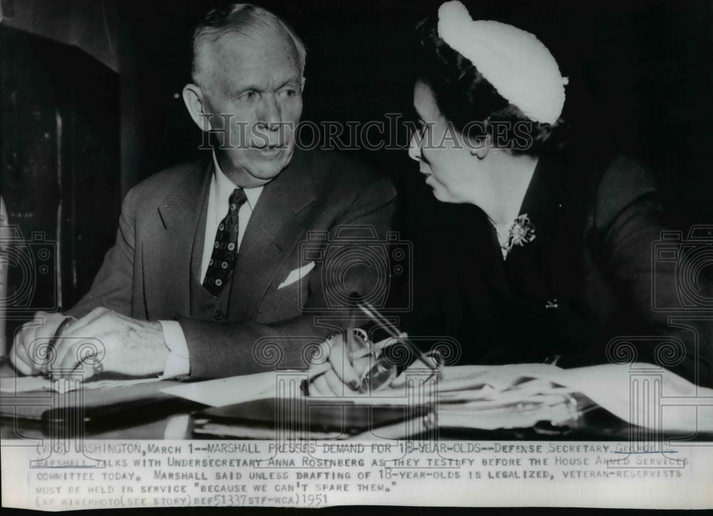 1951 Defense Secretary George Marshall talks with Anna Rosenberg - Historic Images