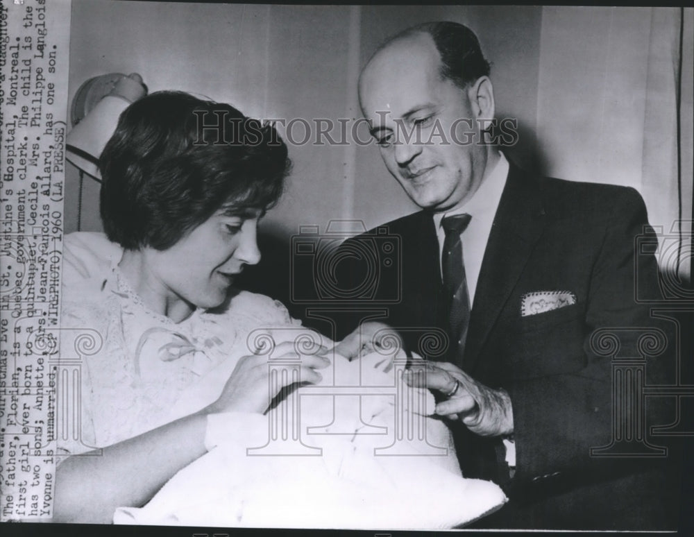 1960 Press Photo Florian, holding quintuplet, Cecile, at Justine&#39;s Hospital. - Historic Images