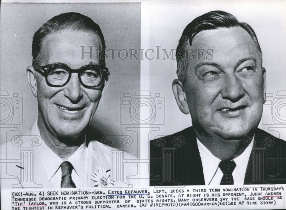 1960 Press Photo Sen. Estes Kefauver and Andrew Taylor fight for Senate seat - Historic Images