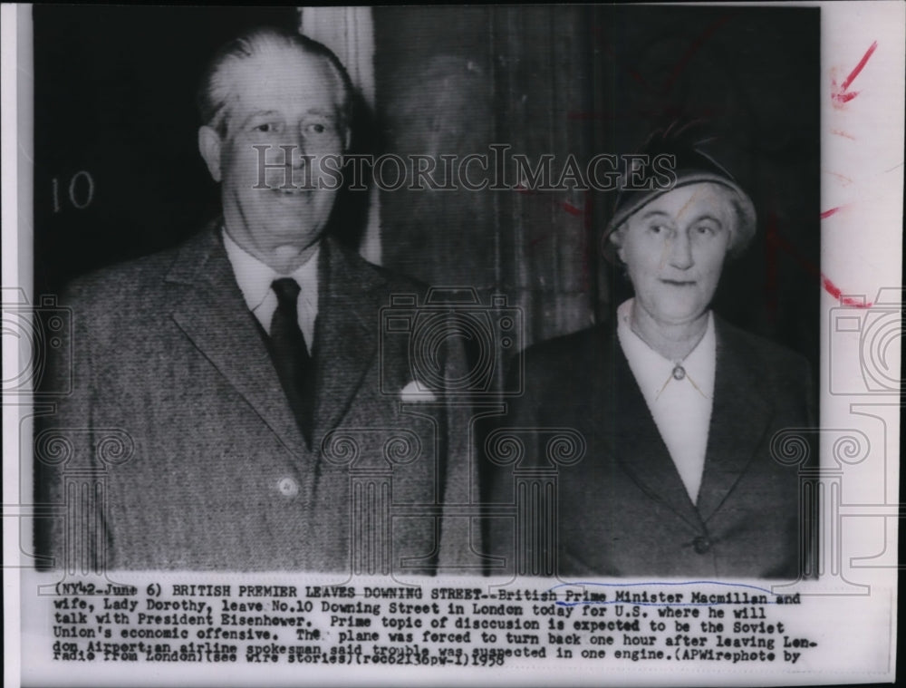 1958 British Prime Minister Macmillan leaves with wife for U.S. trip - Historic Images