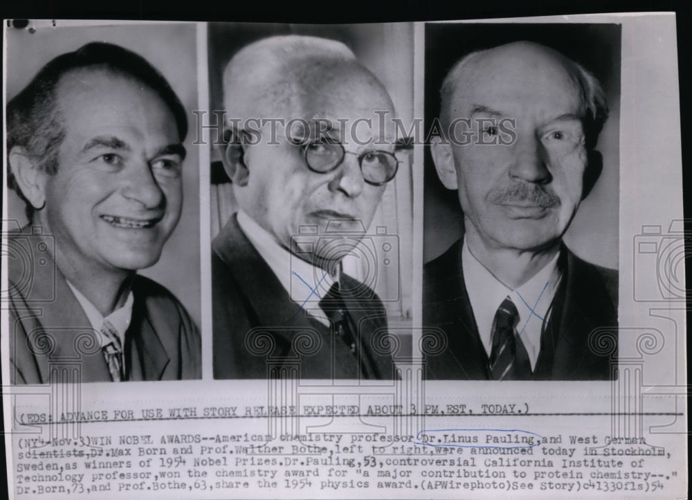 1954 Nobel Prize winners Dr. L. Pauling, Dr. M. Born and Prof. Bothe - Historic Images