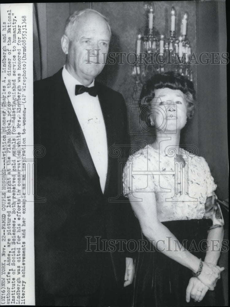 1968 Press Photo Charles A. Lindbergh and wife Anne, honored at Plaza Hotel - Historic Images