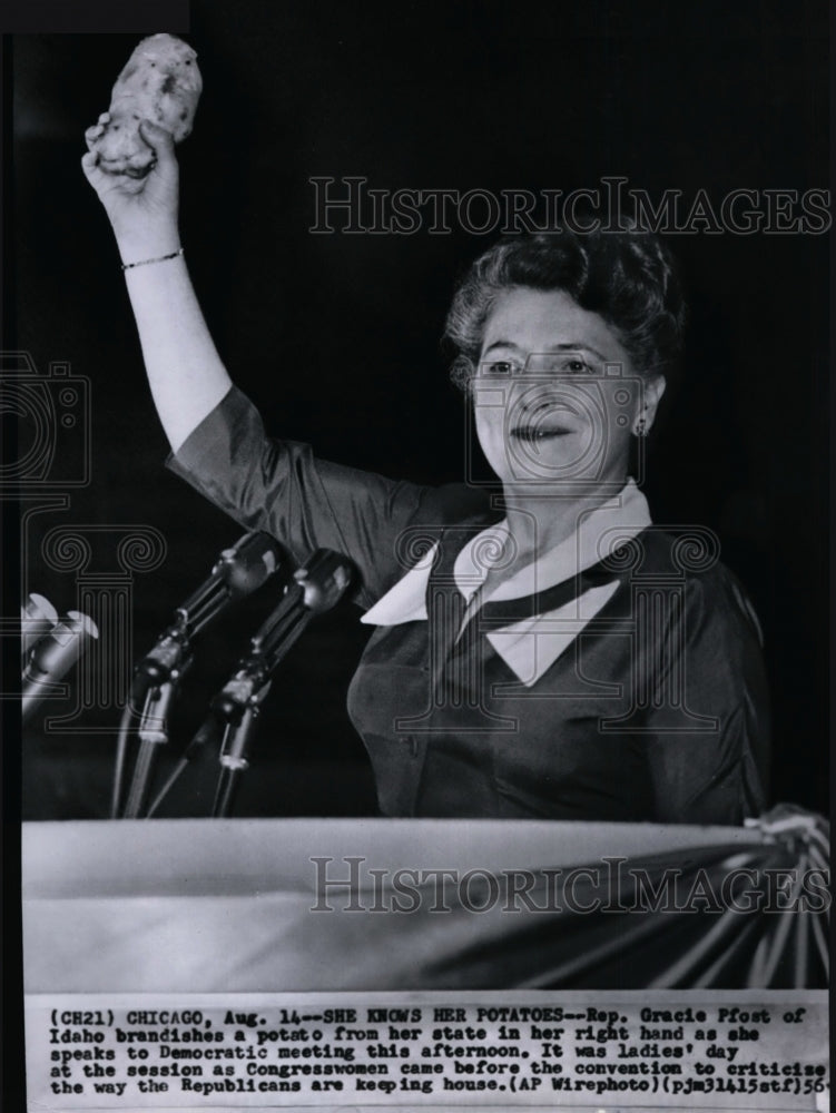 1956 Gracie Pfost from Idaho speaks at Democratic meeting w/ potato - Historic Images