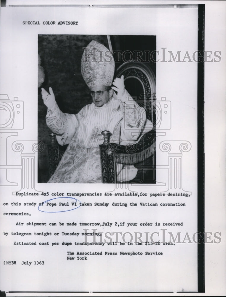 1963 Press Photo Pope Paul VI during the Vatican coronation ceremonies - Historic Images