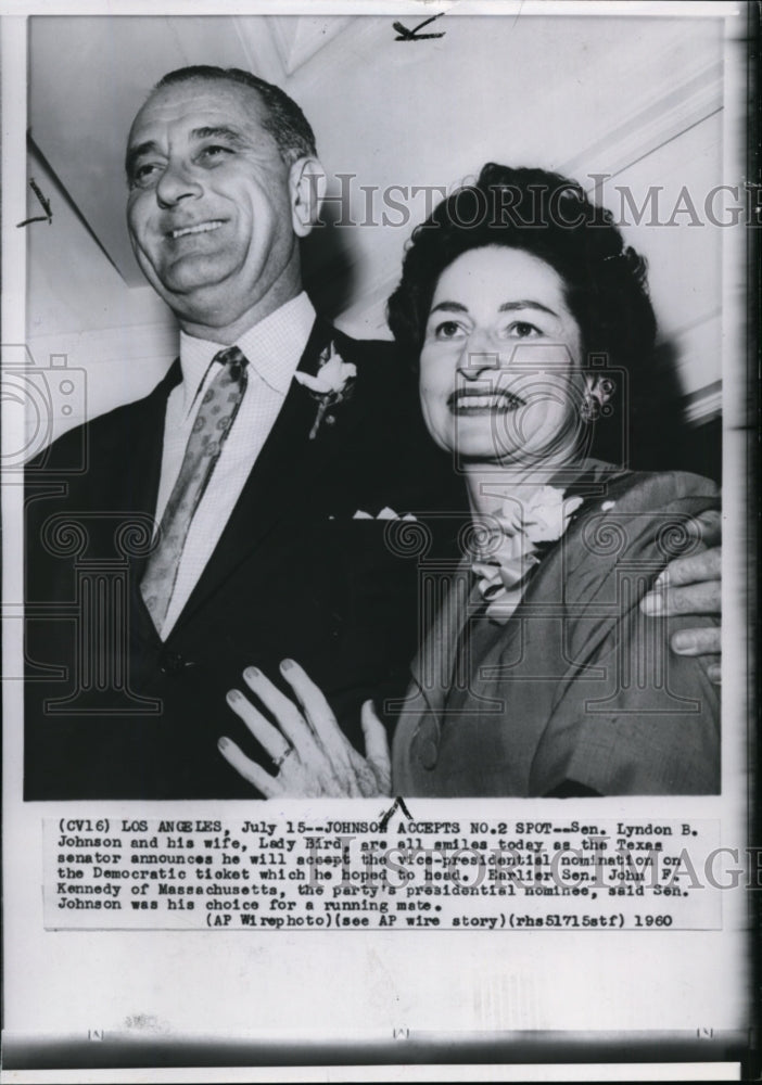 1960 Press Photo Sen. Lyndon B. Johnson with wife, Lady Bird accepts nomination - Historic Images