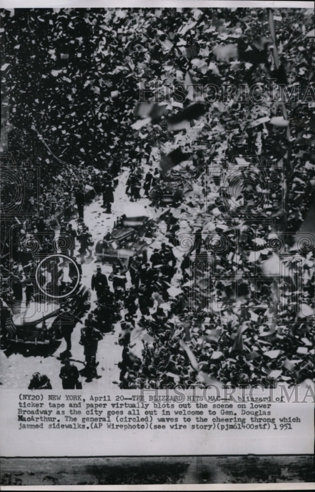 1951 Gen. Douglas MacArthur waving to cheering throng in New York-Historic Images