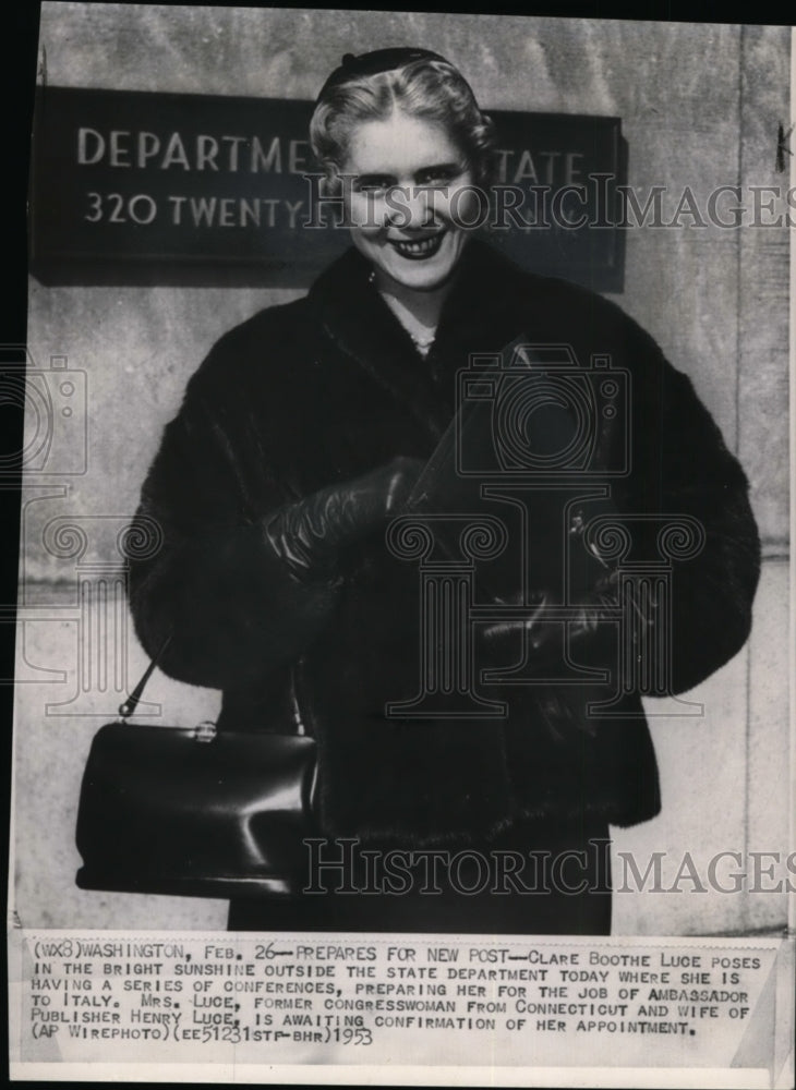 1953 Press Photo Clare Boothe Luce Ambassador to Italy and former congresswoman. - Historic Images