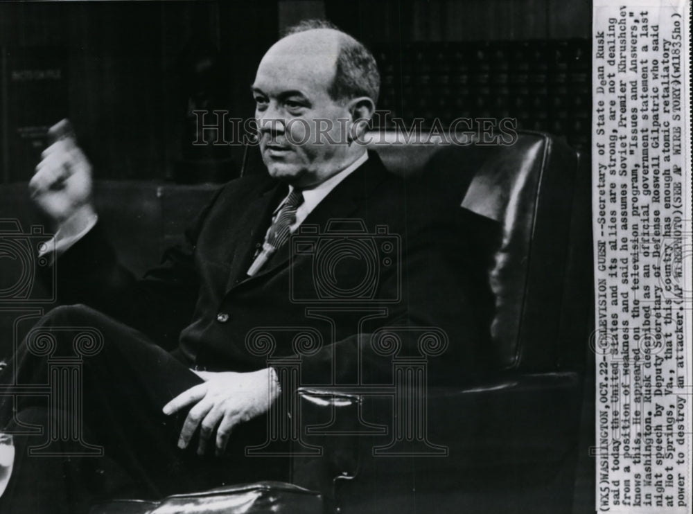 1961 Press Photo Secretary of State Dean Rusk speaks about America&#39;s Military. - Historic Images