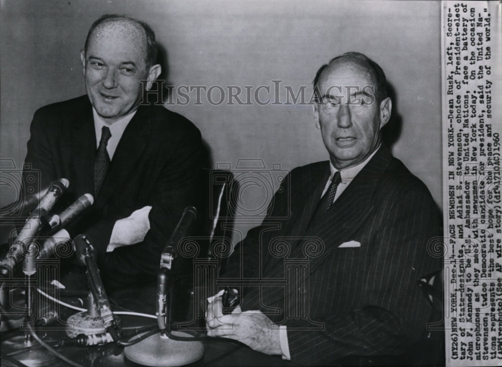 1960 Press Photo Dean Rusk, Secretary of State &amp; Adlai Stevenson in New York. - Historic Images