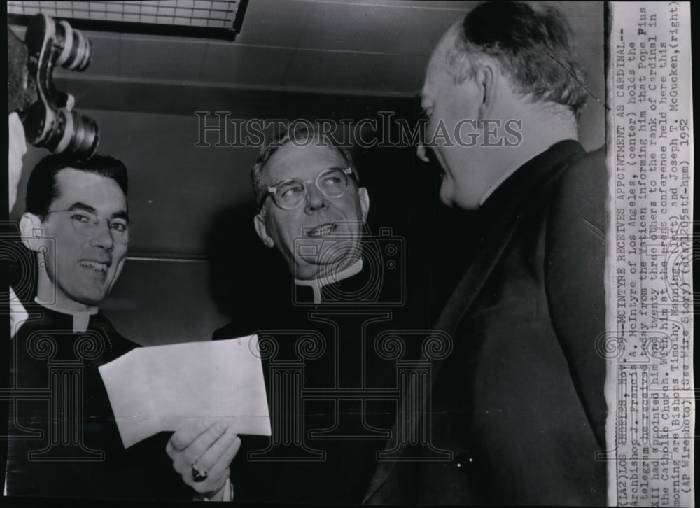 1952 Press Photo Archbishop J. Francis McIntyre holding a telegram from Vatican - Historic Images